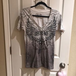 Affliction ladies top, size M, gray, black and white, gently used condition